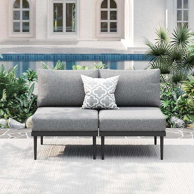 Metal Patio Furniture Set, 2 Pieces Outdoor Sectional Sofa Sets, 6" Thick Cushion Modular Armeless Loveseat for Balcony, Patio & Courtyard, Gray