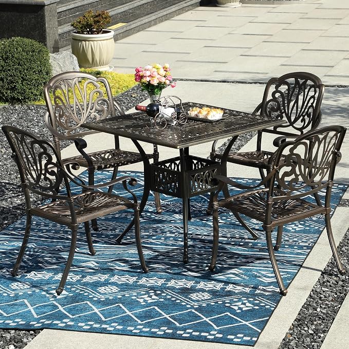 TITIMO 5-Piece Outdoor Patio Dining Set,All-Weather Cast Aluminum Furniture Conversation Set Includes 4 Chairs and 1 Square Table with Umbrella Hole for Patio Garden Deck, Blooming Flower Design
