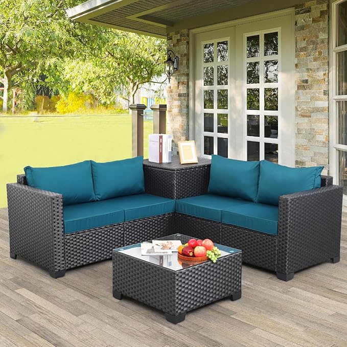 WAROOM Patio Furniture Set 4 Piece Conversation Sets Black Rattan Outdoor Couch Loveseat Wicker Sectional Sofa with Storage Box Glass Top Table, Peacock Blue Cushion