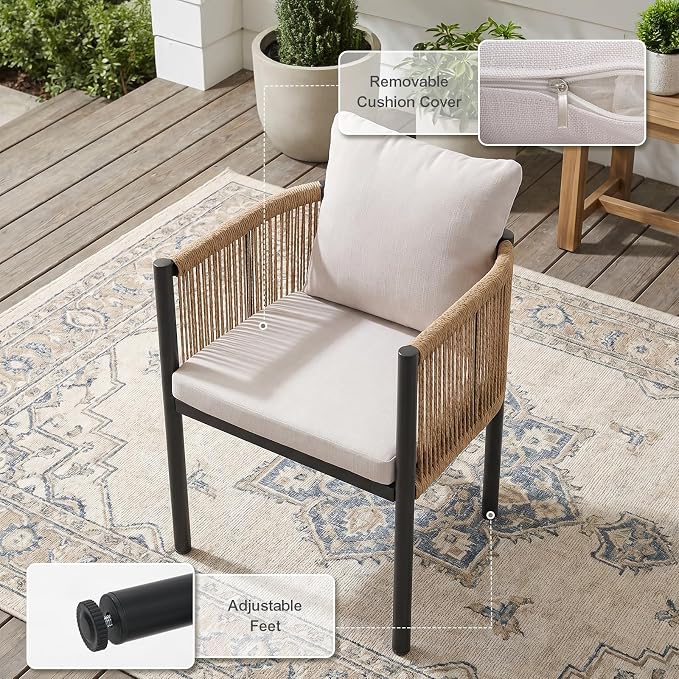SUNSITT 7 Piece Outdoor Patio Dining Set, Patio Dining Furniture Set with 70” Metal Dining Table w/WPC Tabletop and 6 Patio Woven Rattan Chairs w/Curved Armrest for Garden, Beige