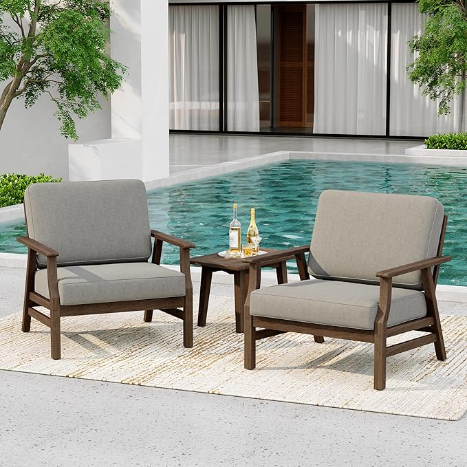 3 Piece Wood Patio Chair Outdoor Bistro Set, Outdoor Armchair All Weather Patio Sofa Furniture Backyard Conversation Sets with Wooden Side Table, Light Camel