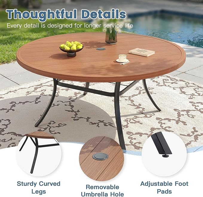 DIFY Patio Dining Set for 10, 11 Piece Outdoor Table and Chairs Set, 63" Walnut Round Metal Patio Dining Table and Brown Textilene Stackable Patio Chairs, for Backyard Garden Poolside
