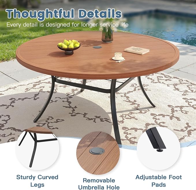 DIFY 11 Piece Outdoor Dining Set, 63" Walnut Round Metal Patio Table and Brown Textilene Stackable Chairs for 10, All Weather Patio Furniture Set with Umbrella Hole for Backyard Garden Deck