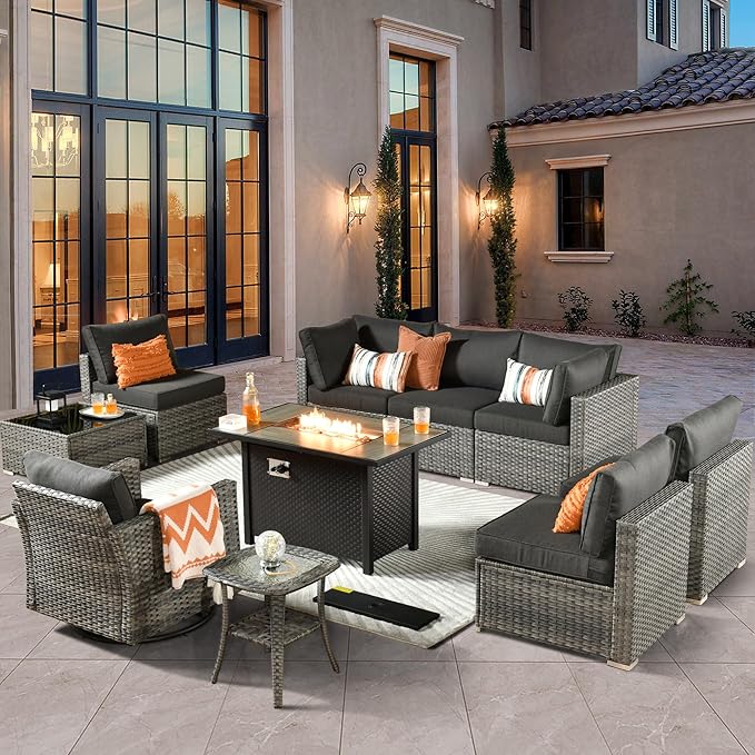 ovios 10 Piece Outdoor Patio Furniture Set with Fire Pit Table,Conversation Sectional Wicker Couch with Swivel Chairs,Modern Outside Sofa for Balcony Backyard, Black