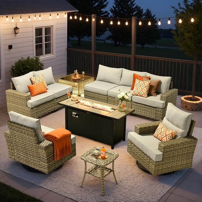10 Pcs Outdoor Sectional Patio Furniture Set with Fire Pit Table and Swivel Rocking Chairs - All Weather Wicker Modular Outside Sectional Couch,Patio Seating Outdoor Conversation Sets,Grey