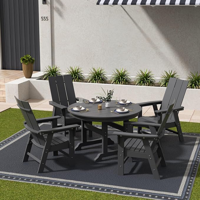 WestinTrends Ashore 5 Pieces Adirondack Outdoor Dining Set, All Weather Poly Lumber Slatted Modern Farmhouse Patio Furniture Set, 47" Trestle Round Table and 4 Adirondack Dining Chair, Gray