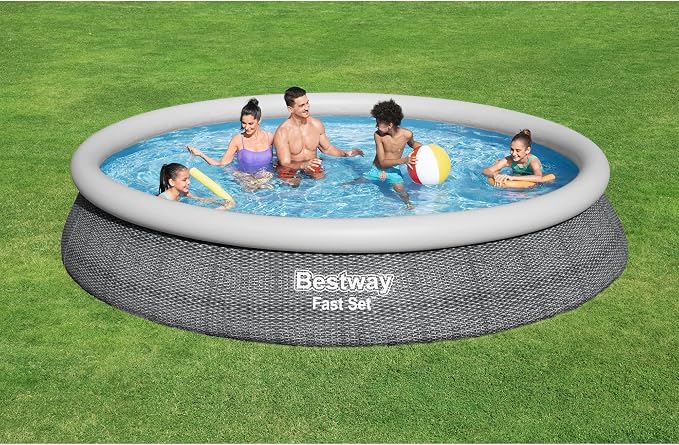 Bestway Fast Set 15' x 33" Round Inflatable Outdoor Above Ground Swimming Pool Set with 530 Gallon Filter Pump and Repair Patch, Gray Rattan