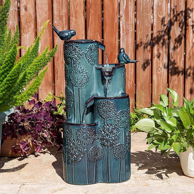 Glitzhome 27" H Outdoor Water Fountain with LED Light, Pump & Adapter, 4-Tier Turquoise Dandelion Vase Ceramic Cascading Garden Fountains Waterfalls with Birds, for Porch Deck Patio Backyard