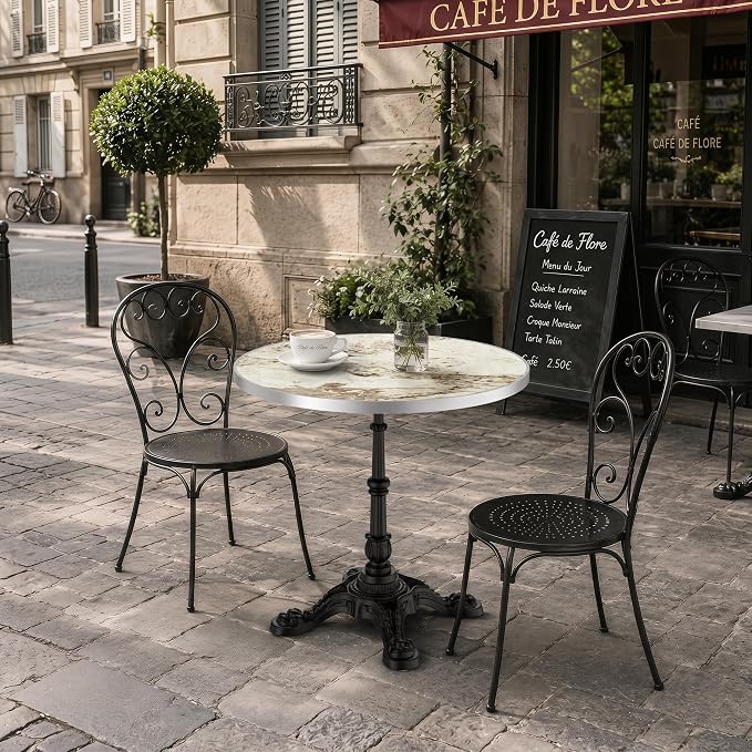 31.5" Outdoor Dining Table, Square Bistro Table w/Sintered Stone Tabletop | and Cast Iron Base, Weather Resistant Small Bistro Table for 2-4 for Outdoor Garden Café Use (Cream Taupe Marble)