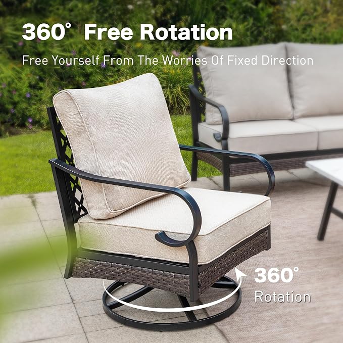 SUNSHINE VALLEY 6 Piece Metal Outdoor Patio Furniture Sets with Firepit Table, Patio Conversation Sets 1 3-Seater Sofa, 2 Leg Chair and 2 Swivel Chair with 5.75" Cushion for Backyard Deck, Beige