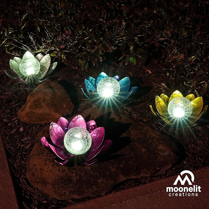 MCSLOTUS-S Silver Lotus Flower Solar LED Garden Light with Crackled Glass Globe – Waterproof Metal Outdoor Décor