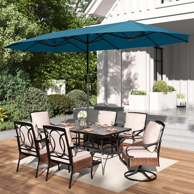 PHI VILLA 13ft Large Patio Umbrellas, Double-Sided Outdoor Market Rectangle Umbrella for Outside, Cyan