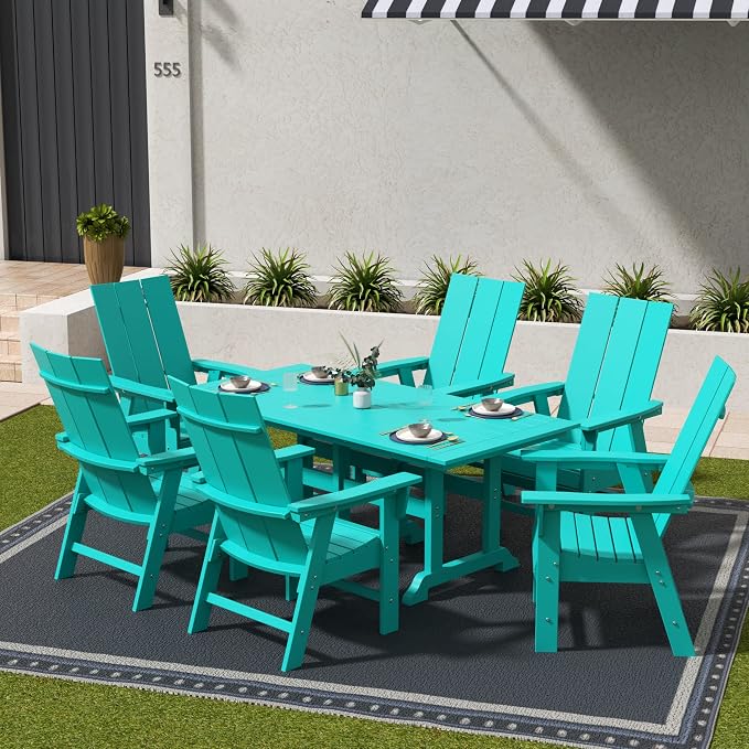 WestinTrends Ashore 7 Pieces Adirondack Outdoor Dining Set, All Weather Poly Lumber Slatted Modern Farmhouse Outdoor Furniture Set, 71" Trestle Dining Table and 6 Adirondack Dining Chair, Turquoise