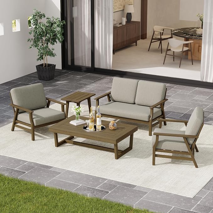 4 Pieces Patio Furniture Sets, Teak Wood Outdoor Sectional Furniture with Coffee Table, 4 Seats Patio Sofa Couch Conversation Set for Backyard Deck - Light Camel