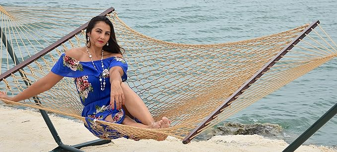 Island Escape Rope Hammock and Stand Set (Mocha Stand and Tan Hammock)