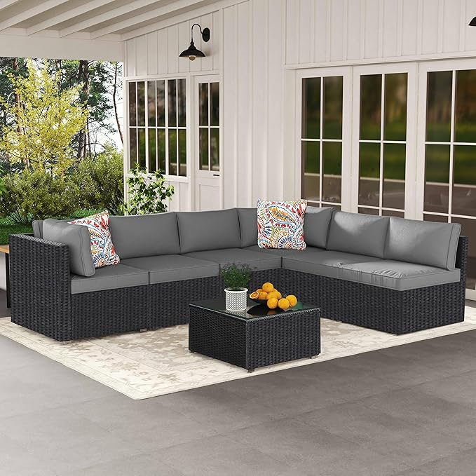 7-Piece Outdoor Patio Furniture Set, Outdoor Couch - Handwoven All-Weather Rattan & 4” Thick Waterproof Cushions, Wicker Outdoor Conversation Sets with Coffee Table for Backyard, Garden, Black/Grey