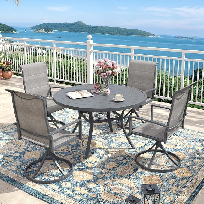 Outdoor Dining Set for 4, 40.6" Outdoor Dining Table with Umbrella Hole and Padded Textilene Patio Swivel Chairs, 5 Pieces Patio Table and Chairs Set for Garden Backyard, Grey and Dark Grey