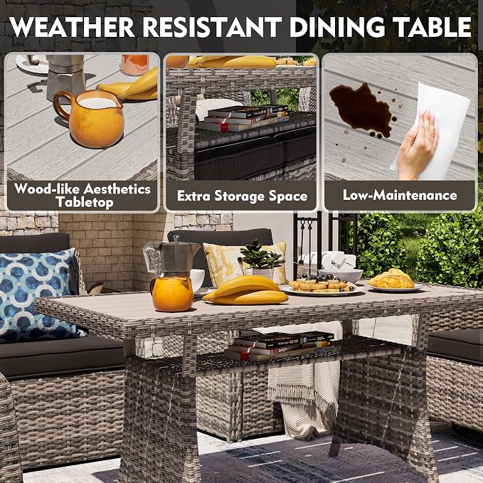 MEISSALIVVE Patio Furniture Set with Swivel Chairs, 8 Pieces Wicker Patio Conversation Set, Outdoor Patio Set with 2 Swivel Rocking Chair & 2 Single Chair, 2 Ottomans and Dining Table (Black)
