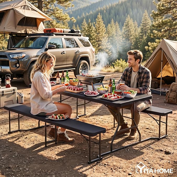 YITAHOME 6ft Folding Picnic Table with Benches, Heavy Duty Iron Frame & HDPE Plastic Table Set, Portable Outdoor Folding Table with Center Lock for Backyard, Park, Camping, Beach, Black