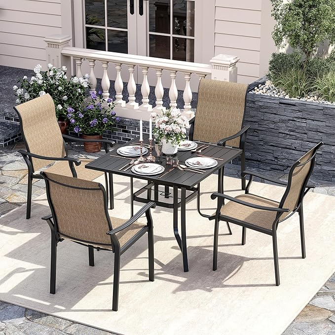 UDPATIO 5 Piece Outdoor Patio Table and Chairs Set for 4, 37" Black Square Table with Umbrella Hole, Metal Brown Patio Chairs Set of 4, Patio Table with Chairs, Outdoor Patio Dining Set for Lawn