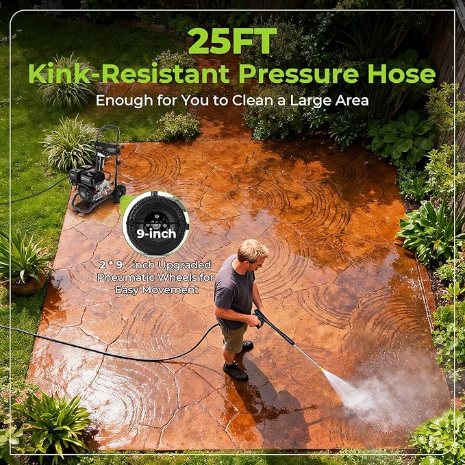 Professional 4200PSI 4GPM 212CC Gas Pressure Washer, 9" Wheels 7.0 HP Commercial Gas Power Washer with 1L Foam Bottle 5 Nozzles 25FT Hose for Home Car Fence Driveway (EPA/CARB/ETL Compliant), Black