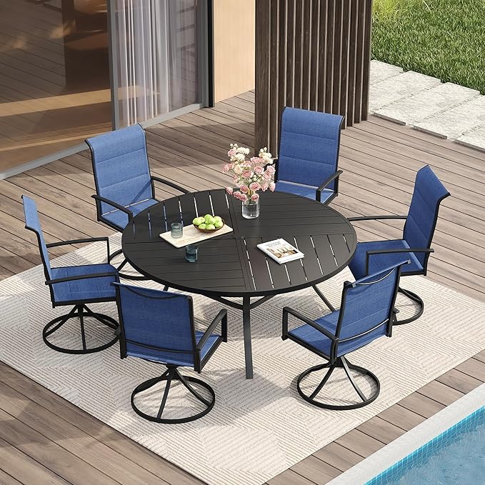 VICLLAX Patio Dining Set for 6, 6 Seats Outdoor Furniture Includes 50.1" Round Patio Table and Swivel Padded Chairs, Black Tabletop and Blue Fabric