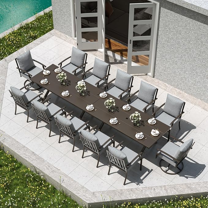 Kullavik 14PCS Outdoor Dining Set,Patio Dining Table and Chairs Set for 12,Fence Pattern Back Chairs with Thickened Cushions & Rectangular Metal Dining Table with Umbrella Hole for Patio,Grey