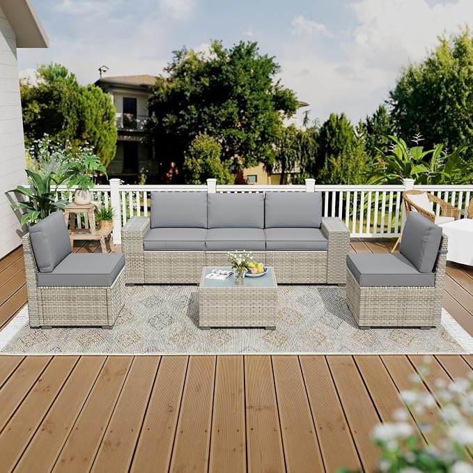 6 Piece Patio Furniture Set, 9.8" Wide Arm Sectional Sofa with Storage Armrests, All-Weather Rattan Outdoor Conversation Set for Garden, Porch, Lawn, Backyard, Balcony, Grey