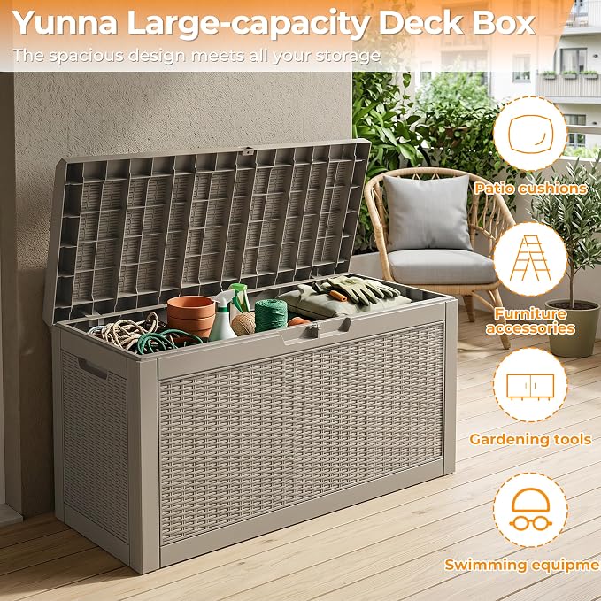70 Gallon Weather Resistant Resin Storage Bench, Lockable Outdoor Deck Storage Box, Multi-Purpose Patio Container for Garden Tools, Pool & Picnic Accessories, Indoor Outdoor Use,Grey