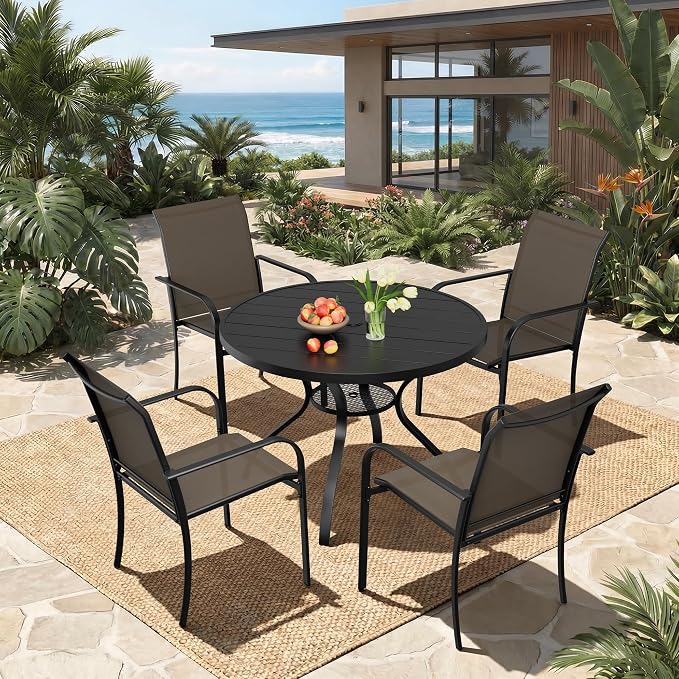 5-Piece Patio Dining Set,4 Person Outdoor Table and Chairs Set, 4 Metal Dining Chairs and Round Outdoor Table with 1.57" Umbrella Hole,Khaki