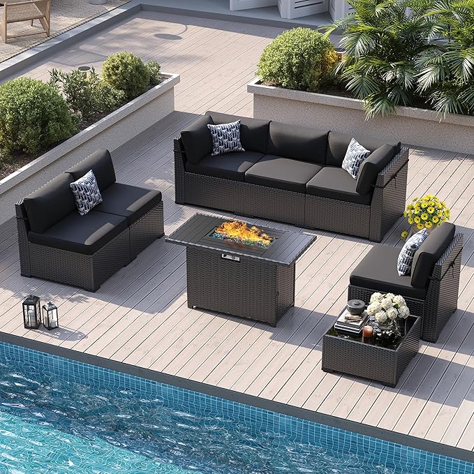 8 Piece Patio Furniture Set with 44” Fire Pit Table All-Weather Wicker Conversation Sectional Sofa & Coffee Table with Thickened Cushions for Backyard, Garden(Black)
