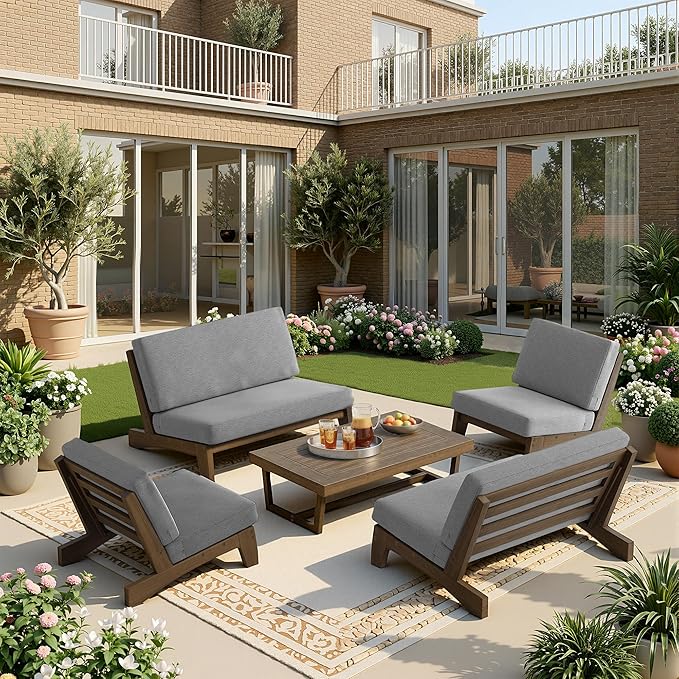 UIXE 8 Pieces Wood Patio Furniture Sets, 2 Patio Loveseat, 4 Patio Bistro Chair, All Weather Outdoor Sectional Sofa Furniture Backyard Conversation Set with Coffee Table - Grey