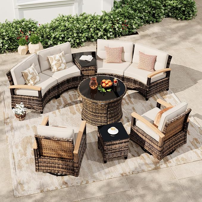 MEISSALIVVE 9-Piece Half-Moon Curved Outdoor Patio Furniture Set, Sectional Conversation Sofa with 2 Swivel Glider Chairs, Round Coffee Table for Backyard Deck Garden, Beige
