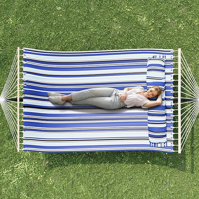 Large Double Portable Hammock with Stand, 2 Person Hammock with Hardwood Spreader Bar & Extra Large Pillow, Blue Stripes