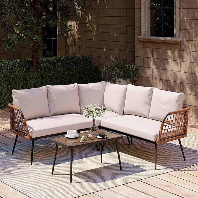 LAUSAINT HOME 6 Pieces L-Shaped Outdoor Furniture Set, Wicker Rattan Patio Sectional, Conversation Sofa Set with Coffee Table and Soft Cushions for Poolside, Patio, Yard, Beige