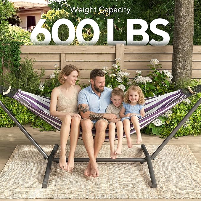 600lbs Hammock with Stand for Outside, 2 Person Portable Hammock with Side Storage, Carrying Bag, Expend Wooden Bar for Outdoor or Indoor (Purple Black)