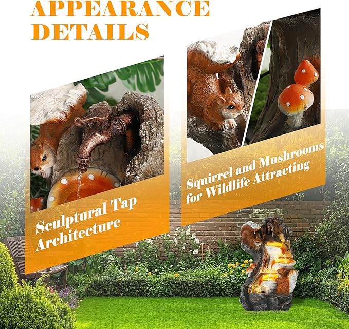 4-Tiers Indoor/Outdoor Garden Water Fountain - 22" Modern Cascading Water Fountains, Freestanding Resin Waterfall Fountain with 4 LED Lights, Squirrel & Mushroom for Deck Patio Porch Yard