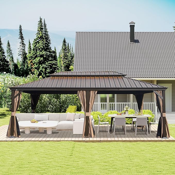 Domi 14' X 24' Hardtop Gazebo, Upgraded Metal Gazebo with Drainage System, Dual-Layer Galvanized Steel Roof, Curtain and Netting, Outdoor Shelter Canopy for Patio, Garden, and Backyard, Brown