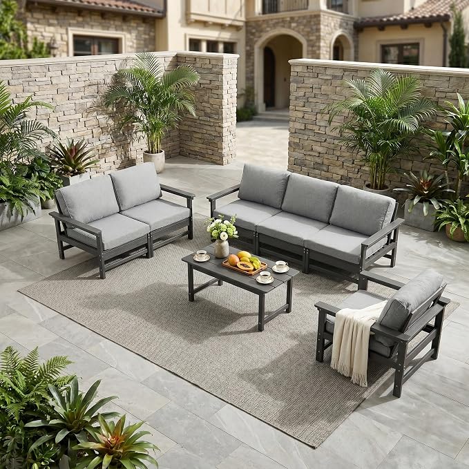 Outdoor Patio Furniture Set, Modular HDPE Conversation Set with 3-Seater Sofa, Loveseat, Armchairs & Large Coffee Table, All-Weather Patio Seating with Cushions