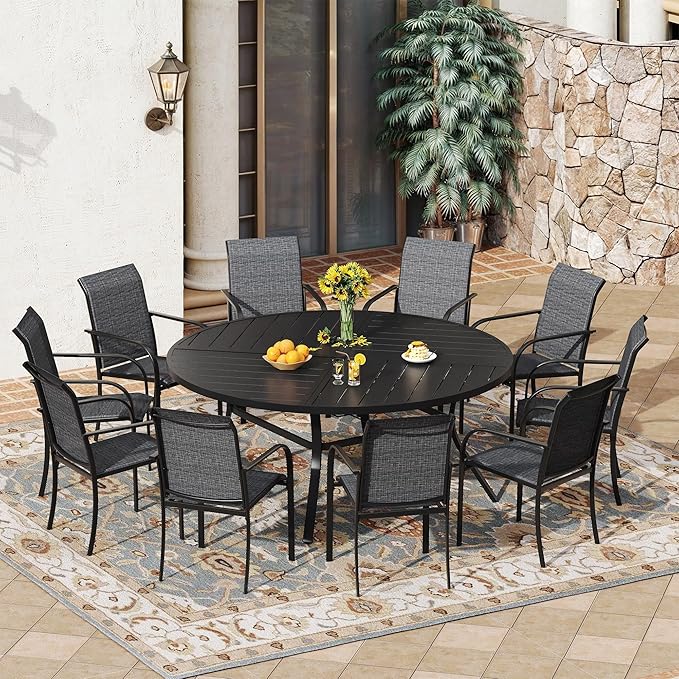 VICLLAX 11 Pieces Patio Outdoor Dining Set, 60" Large Round Metal Table with Umbrella Hole and 10 Stackable Textilene Chairs for Patio, Lawn, Garden, Porch, Black/Grey
