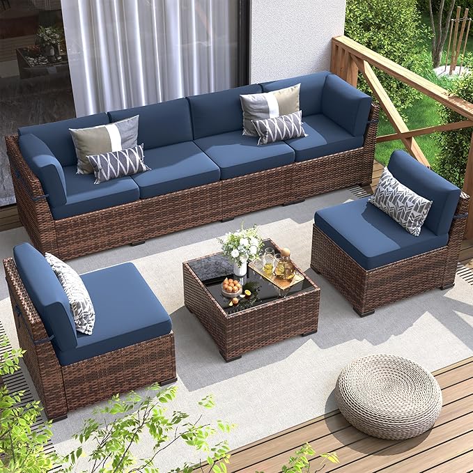Patio Furniture Set, 7 Pieces Outdoor Modular Conversation Set Wicker Sectional Sofa for All Weather Rattan Patio Couch for Porch Garden Backyard Balcony Poolside (Blue)