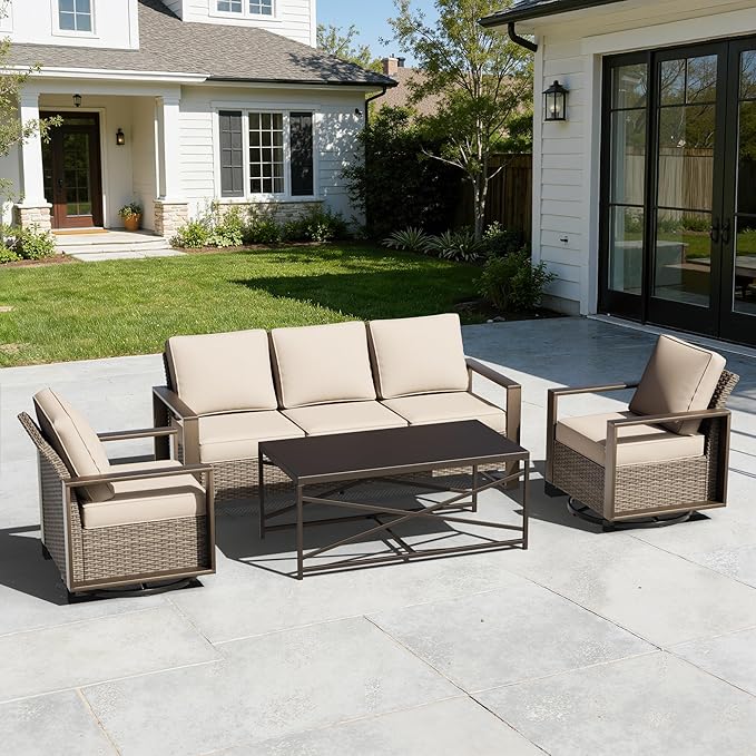 4 Pieces Patio Furniture Set with Wicker 75" Sofa, Two Swivel Rocker Chairs, One Coffee Table, Outdoor Conversation Furniture Set with Metal Armrest & Removable Cushions for Deck, Beige