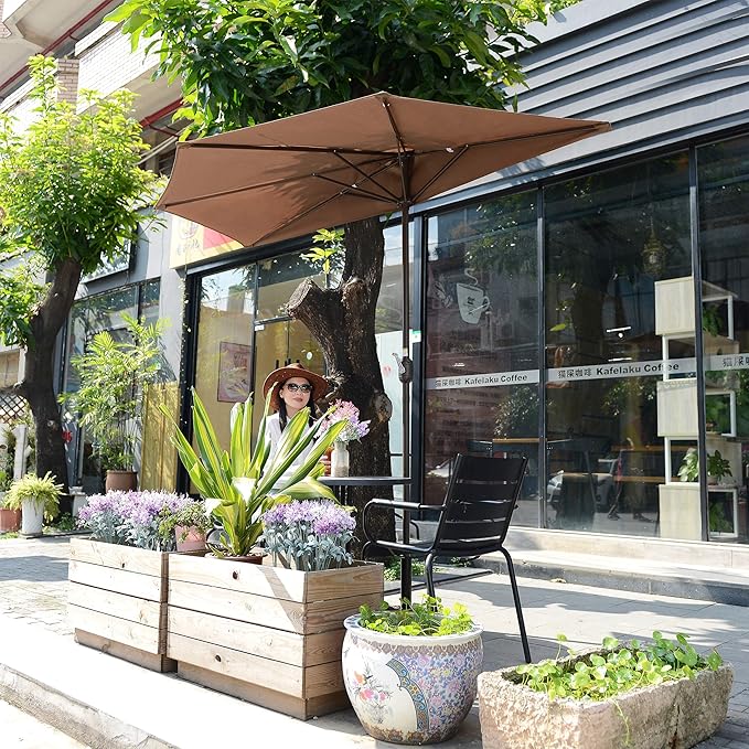 Half Patio Umbrella - 9ft Outdoor Patio Canopy with Easy Hand Crank - Condo, Townhouse, or Balcony Furniture by Villacera (Brown)