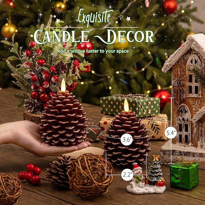 Christmas Pinecone Candles Flameless, Real Wax Battery Operated Pine Cone Candles with Remote, 2 Pack Flickering Led Candle Christmas Decorations for Winter Home Holiday Xmas Gift, Brown