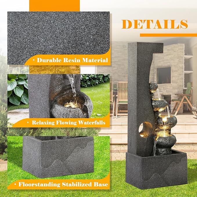 Outdoor Water Fountain and Waterfalls, 5-Tier Cascading Large Water Feature with LED Lgihts, 39" Modern Indoor Floor-Standing Bowl Garden Fountain for Yard, Patio, Porch