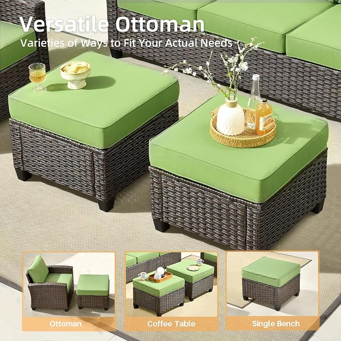 CAODOC Patio Furniture Sets, Outdoor Wicker Furniture with Ottomans, 5 Pieces Outdoor Sofa Couch Conversation Set with Cushioned Rattan Chairs for Garden Poolside Backyard, Green