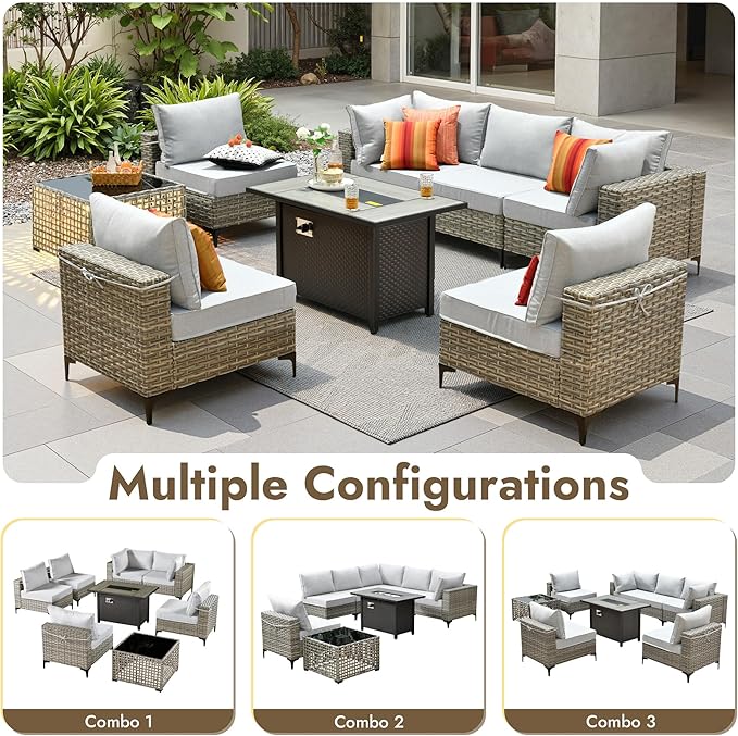 8 Pieces Patio Furniture Set with 42" Fire Pit, All-Weather Rattan Outdoor Sectional Conversation Sets L Shaped Sofas with Solar Light Coffee Table for Porch Balcony Backyard Grey