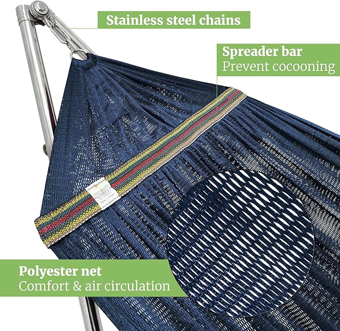 Tranquillo Double Hammock with Stand 650lb Capacity Double Hammock with Spreader Bar, Solid Grade 201 Stainless Steel 30s Set Up, Sturdy Flexible Hammock Stand Portable, Outdoor Indoor, Aegean