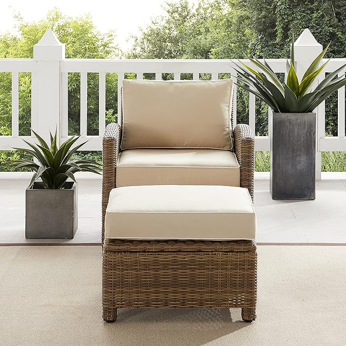 Crosley Furniture Bradenton 2-Piece Outdoor Chair and Ottoman Set, Wicker Patio Conversation Sets for Porch, Brown with Sand Cushions