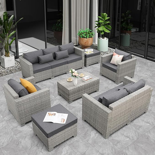 WAROOM Patio Furniture Set 7 Piece Grey Wicker Outdoor Conversation Sets PE Rattan Sectional Sofa with Storage Coffee Table and Anti-Slip Grey Cushion